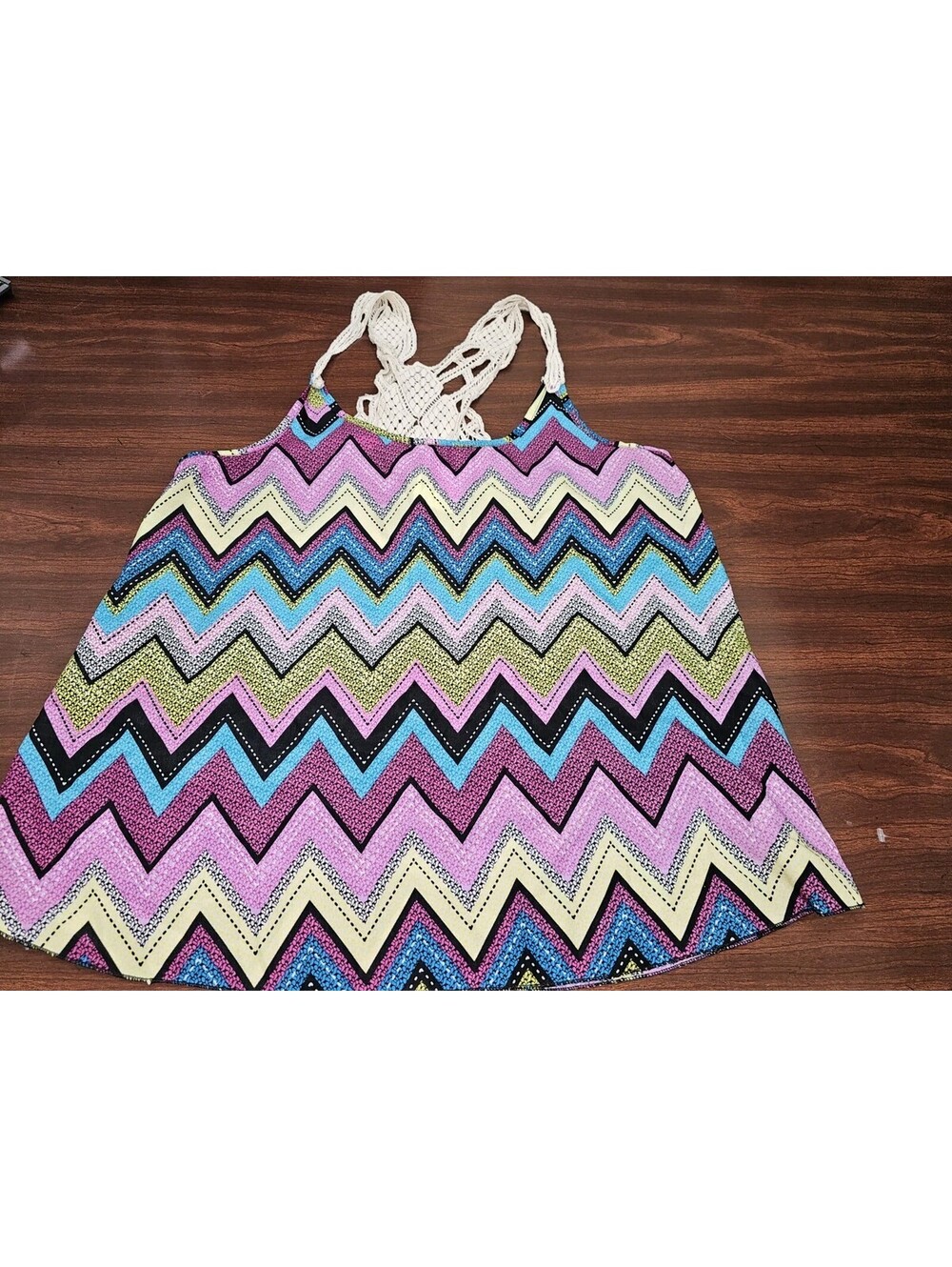 Chevron Women's Medium Multicolor Chevron Tank Top with Crochet Macrame Blouse